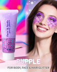 DAGEDA Purple Body Glitter Gel, Holographic Face Glitter Body Gel Rave Party Accessories, Chunky Glitters for Face Hair Nails, Cosmetic Laser Powder Festival Sequins Paint Makeup