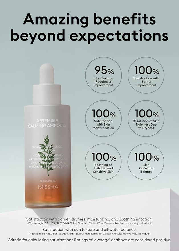 MISSHA Artemisia Calming Ampoule 1.69 Fl oz / 50ml - Face Serum for Sensitive Skin, Korean Skin Care with Double-Fermented Mugwort Extract, Soothes Redness, Acne & Irritation