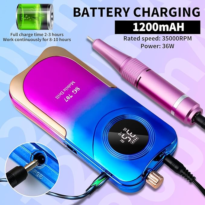 Portable Nail Drill Cordless,35000 RPM Electric Nail File with Holder,Rechargeable Nail Drill E Filer for Nails,Electric Nail Buffer Nail Dremel Tool for Women (Gradient Purple Blue)