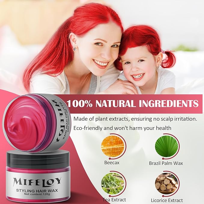 Red Temporary Hair Color Wax, Instant Natural Hairstyle Cream Dye, Washable Styling Pomades for Girls Women Youth, Disposable Coloring Mud for Party Cosplay DIY Halloween