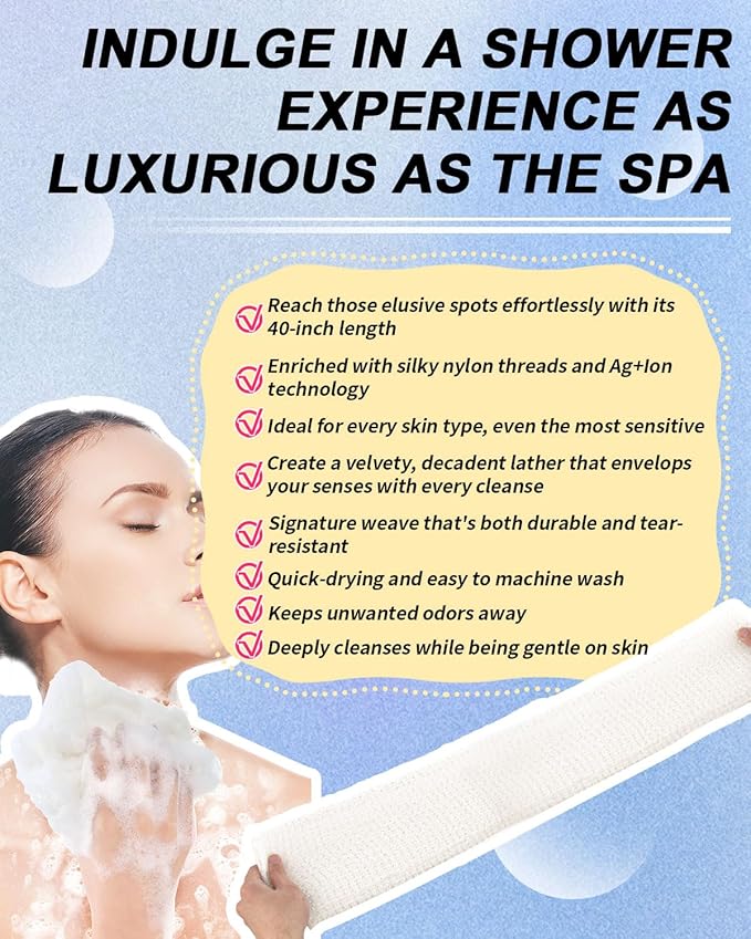 3D Wave Weave Japanese Exfoliating Washcloth, Long Exfoliating Back Scrubber for Shower, Gentle Body Scrub Towel, Korean Style, Cloud (Soft)