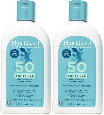 Blue Lizard SENSITIVE Mineral Sunscreen with Zinc Oxide, SPF 50+, Water Resistant, UVA/UVB Protection with Smart Bottle Technology - Fragrance Free, 8.75 oz. (Pack of 2)
