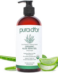 PURA D'OR 16 Oz ORGANIC Aloe Vera Gel - Unscented - All Natural - ZERO Artificial Preservatives - Deeply Hydrating & Moisturizing - Sunburn, Bug Bites, Rashes, Small Cuts, Eczema Relief - Skin & Hair