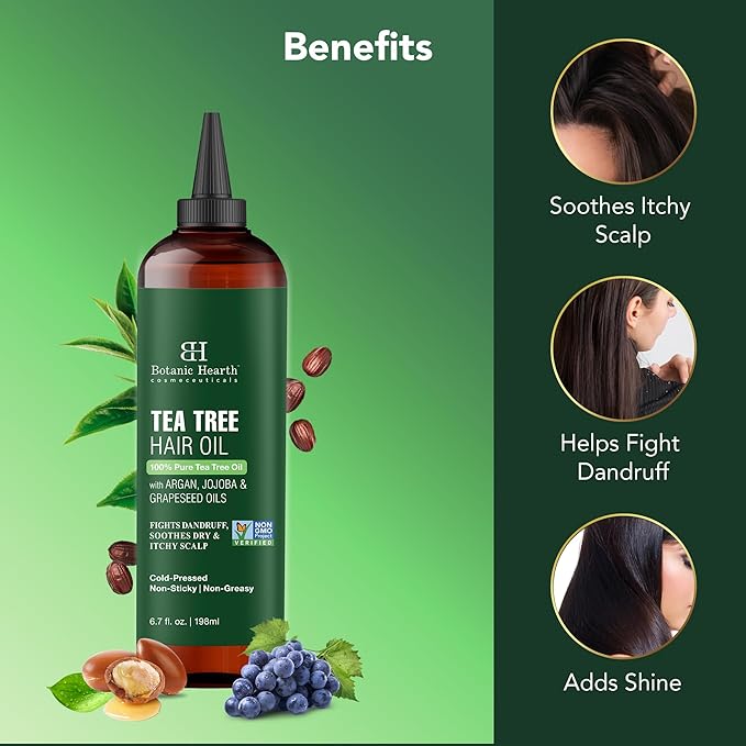 Botanic Hearth 100% Pure Tea Tree Oil For Hair Growth | Infused with Jojoba & Grapeseed Oils | Hair Oil Repairs Dry Damaged Hair, Strengthening, Healthier - Hair Tonic, 6.7 fl oz (pack of 2)