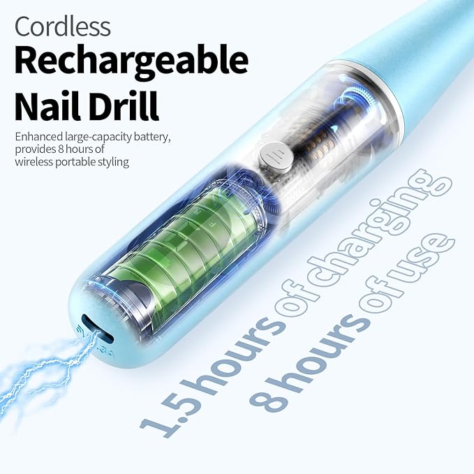 Electric Nail Drill Kit Professional - 9 Speed Cordless Electric Nail File with LED Display, Portable Nail Drill Machine for Acrylic Gel Nails, Hand Feet Trimmer Buffer Tool for Women Men Baby Blue