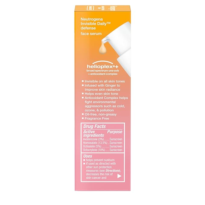 Neutrogena Invisible Daily Defense Broad Spectrum SPF 60, Antioxidants for Skin Glow, Hydrating Face Sunscreen Serum, Water Resistant (80 minutes), Oil-Free, Fragrance Free, Non Comedogenic, 1.7 Fl Oz