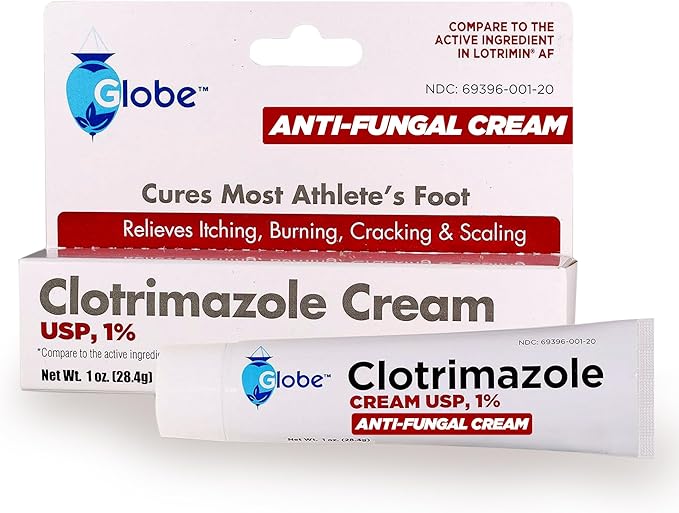 Globe Clotrimazole Antifungal Cream 1% USP (1 oz), Anti Fungal Treatment, Relieves Itching, Burning, Cracking and Scaling Associated Athletes Foot, Jock Itch, Ringworm and More