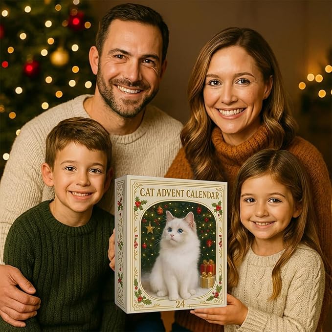 Cat Lovers Advent Calendar 2025-24 Days Christmas Countdown with Unique Cat Illustration Cards, Pop-Up Mechanism for Family Fun, Holiday Home Wall Decor