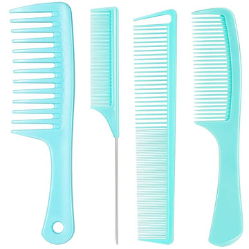 SALONSILK Mint Green 4PCS Professional Comb Set, Wide Tooth Rat Tail Fine Tooth Hair Combs, Braiding Cutting Barber Styling Curly Parting Set for Men and Women