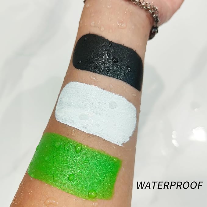 MEICOLY 7Pcs Black White Green Face Body Paint Stick Set with Setting Powder and Sponges,Clown Black White Face Paint,Elphaba Face Paint Makeup,Green Body Paint for Halloween SFX Cosplay Witch Makeup