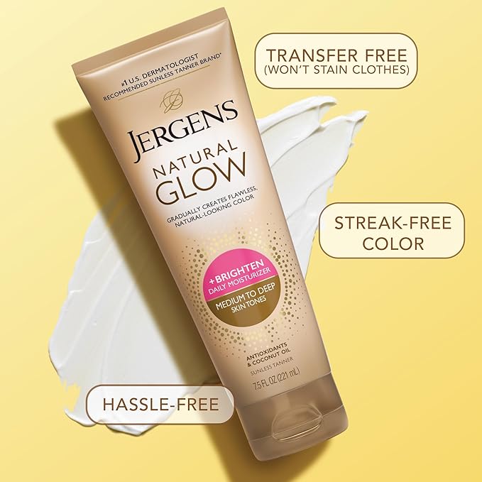 Jergens Natural Glow Self Tanner Body Lotion, Daily Sunless Tanning, Medium to Deep Skin Tone, Daily Moisturizer with Coconut Oil, Vitamin E and Antioxidants, 7.5 Oz, Pack of 2