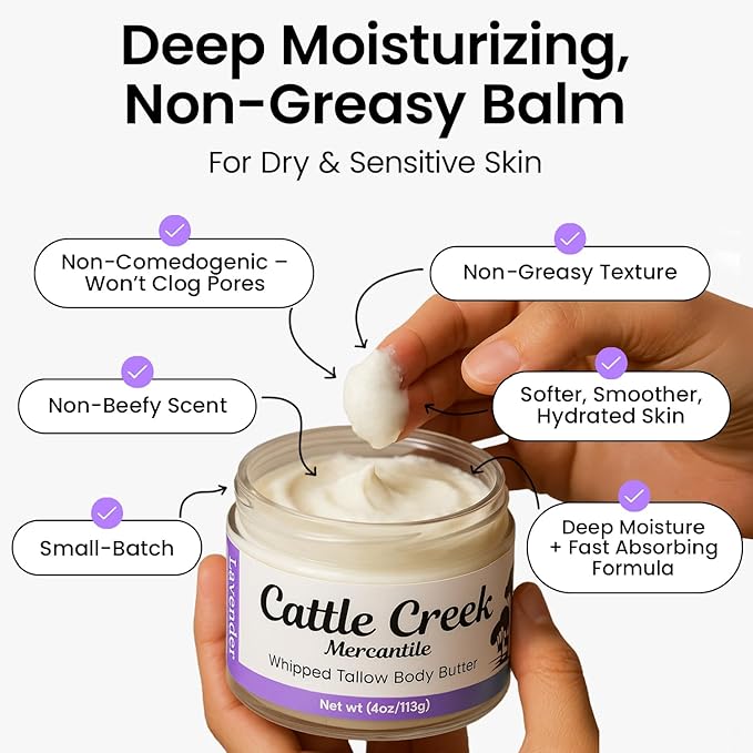 Cattle Creek Whipped Beef Tallow for Skin & Face – Deeply Moisturizing Tallow Balm – Organic Grass-Fed Skincare – Nourishes Dry, Sensitive Skin– Non-Comedogenic, Fast-Absorbing (4oz, Lavender Vanilla)