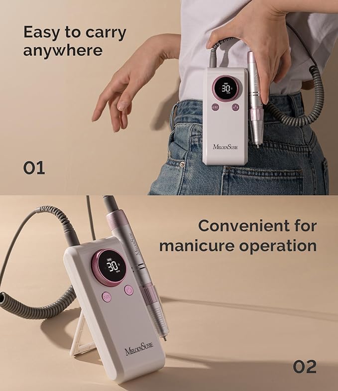 MelodySusie 2 in 1 Professional Nail Drill, 30000 RPM SC330G Electric Nail File with Kickstand for Gel Nails Polishing Removing, Portable Cordless Nail Efile for Manicure Pedicure at Home & Salon,Rose