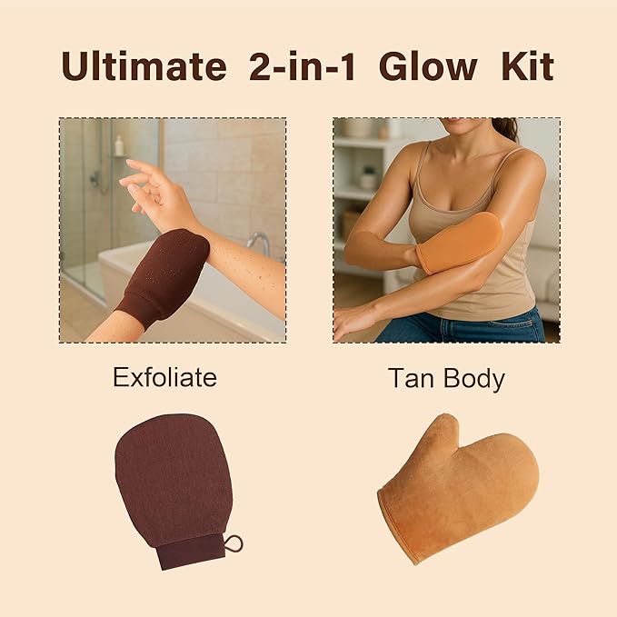 2 Pack Self Tanner Applicator Mitt Kit, With Exfoliating Gloves, Thick Waterproof Inner Layer Durable, Washable Reusable,Tanning Mitt, Tanning Mitts Self Tanner, Self Tan Glove Applicator