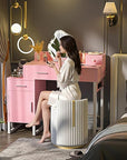 Vanity Desk with 4 Storage Drawers - Modern Makeup Vanity Table with Charging Station, Pink Vanity Desk with Reversible Cabinet Dressing Table Set with Divided Organizers for Women Girls, Pink & White
