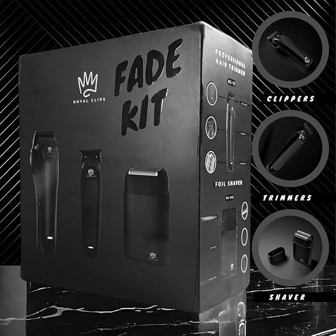Royal Clips Hair and Beard Fade Kit 2.0 – Professional Clipper, Trimmer & Foil Shaver Bundle for Men, Complete Haircut Set for Barbers, Home Use & Grooming – 5-Hour Battery, 10pcs Limit Combs - Black