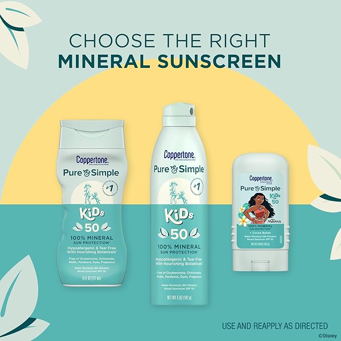 Coppertone Pure and Simple Kids Exclusive Disney Moana Sunscreen Stick SPF 50, Hypoallergenic, Mineral Sunscreen for Kids, Water Resistant, Oxybenzone and Octinoxate Free, 0.49 Oz Stick