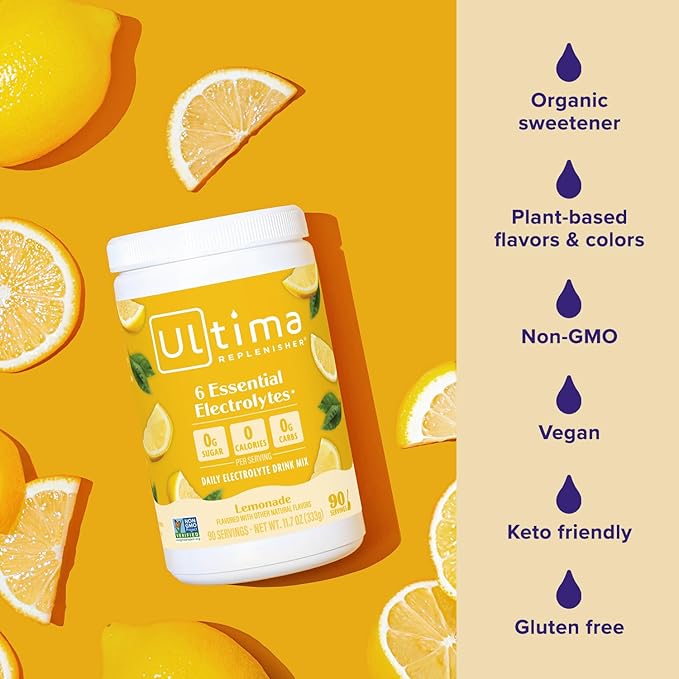 Ultima Replenisher Daily Electrolyte Drink Mix – Lemonade, 90 Servings – Hydration Powder with 6 Key Electrolytes & Trace Minerals – Keto Friendly, Vegan, Non-GMO & Sugar-Free Electrolyte Powder