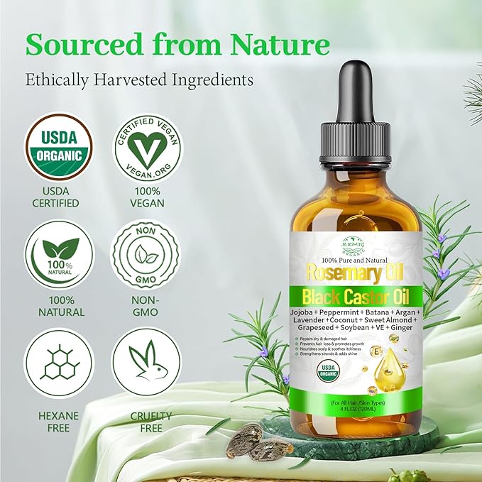 Rosemary & Castor Hair Growth Oil – USDA Certified Organic Cold Pressed Blend Castor oil for Thicker, Fuller Hair, Soothe Itchy Scalp & Repair Damaged Hair – 4 fl oz