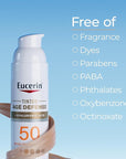 Eucerin Sun Tinted Age Defense Face Sunscreen Lotion SPF 50 with Hyaluronic Acid, Tinted Sunscreen for Face, Blendable Tint for All Skin Tones, Non Comedogenic and Hypoallergenic, 2.5 Fl Oz Bottle