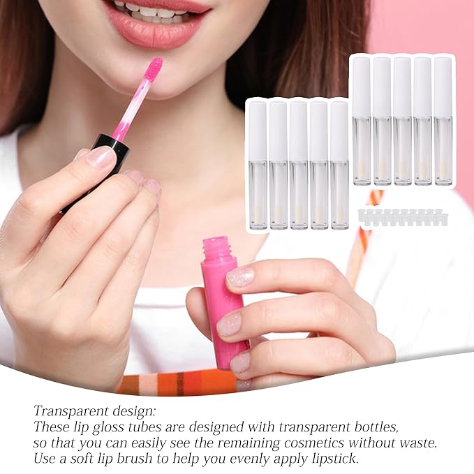RDEXP 1.3ml Empty Lip Gloss Tube Clear Plastic Lip Gloss Containers Pack of 10 (White Cap)