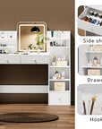 White Makeup Vanity Desk with Square LED Mirror & 6 Open Shelves - 3-Color Adjustable Lighting, 3 Drawers + Right-Side Sloped Design, Dressing Table for Bedroom, Women, Teens