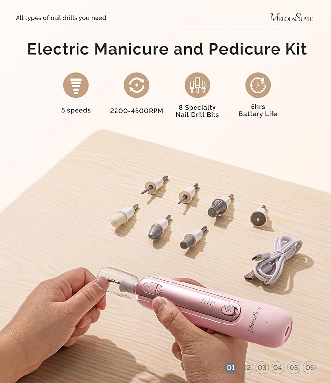 MelodySusie Professional Manicure Pedicure Kit,8-in-1 Electric Nail Drill Set with 5 Speeds,Rechargeable Cordless E-File with 360° LED Light,Perfect Hand Foot Care Trimmer Polish Tools - PC760G