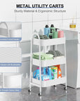 EAGMAK 3 Tier Utility Rolling Cart, Metal Storage Cart with Handle and Lockable Wheels, Multifunctional Storage Organizer Trolley with Mesh Baskets for Kitchen, Living Room, Office, Garage (White)
