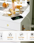 11 Drawers Glass Top Vanity Desk with Chair, Crystal Handles Makeup Vanity with Mirror and Lights, Dressing Table with Power Outlet, Adjustable Lighting Modes, White