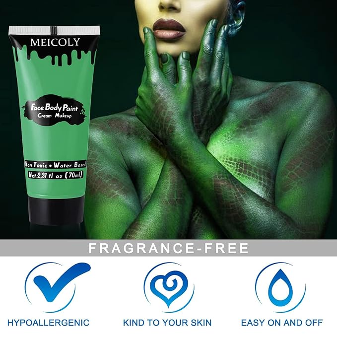 MEICOLY Green Face Body Paint,Halloween SFX Witch Makeup Elphaba Costume Face Paint,Camouflage Gamora Hunting Hulk Body Paint for Adults and Kids,St. Patrick’s Day Face Paint Makeup Accessories