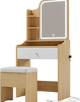 LIKIMIO Small Makeup Vanity Desk with Mirror and Lights, Vanity Table Set with Storage Drawer, Chair and Three Shelves, Bedroom, Wood