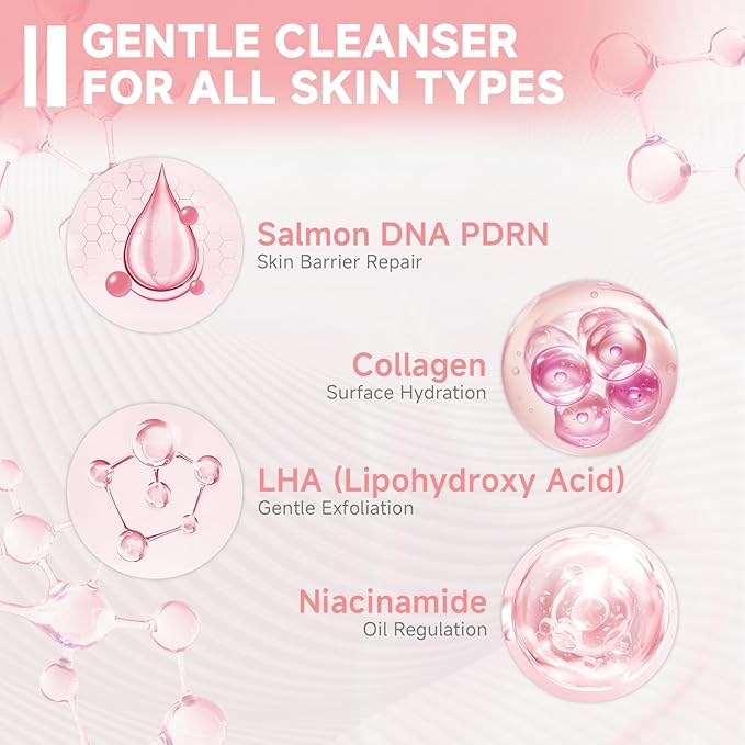 Salmon DNA PDRN Facial Cleanser | Low pH Hydrating Daily Foaming Face Wash with Soft Massage Heads | PDRN, Collagen & LHA | Gentle Pore Care & Radiant, Balanced-Looking Skin