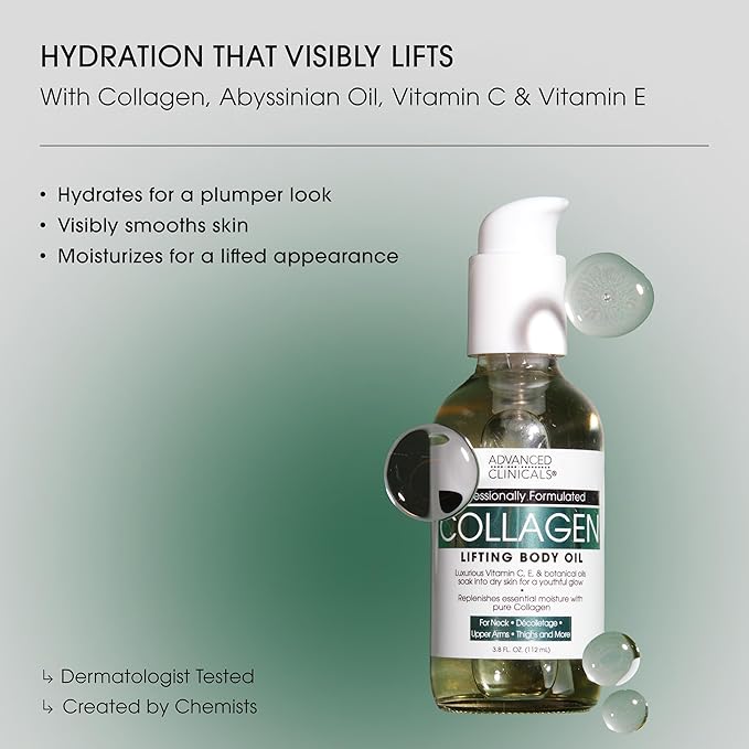 Advanced Clinicals Hydrating Collagen Oil For Body & After Shower | Visible Anti Aging Moisturizing Collagen Body Oil For Women & Men Helps Soften Appearance Of Crepe Skin & Wrinkles, 3.8 Fl Oz, 2pc