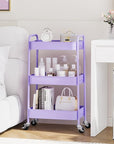 TOOLF 3-Tier Metal Rolling Cart with Wheels, Storage Utility Organizer Cart for Kitchen, Bathroom, Office, Baby Essentials & Makeup - Lockable Casters, Easy Assembly, Large Capacity, Purple