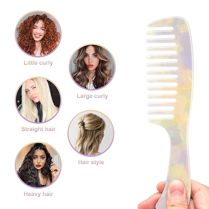 Large Wide Tooth Hair Comb 7.3 in, LADYAMZ [Tortoise Shell] Cellulose Acetate Round Tooth Comb for Straight/Curly Hair,Short/Long Hair Women Men or Kids, Easy Detangling Wet or Dry, Anti-static