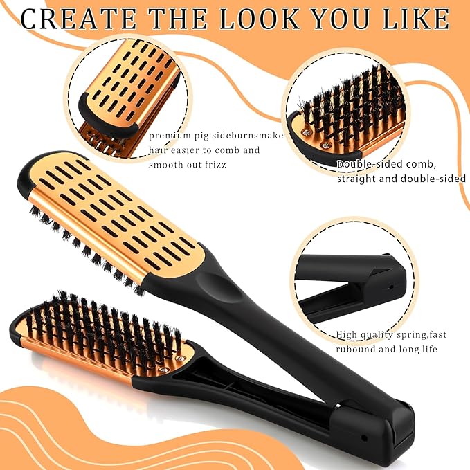 CHENGU 2 Pcs Hair Straightening Combs, Boar Bristles Clamp Double Sided Brush & V Shaped Styling Hair Comb, For Straightening Knotty Unkempt Hair (Gold, Black)