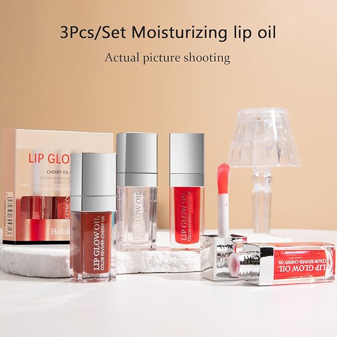 3 Color Tinted Plumping Lip Oil Gloss Set, Ultra Hydrating & Nourishing Lip Care, Smooth Glossy Shiny Transparent Plumping Lip Glow Oil (SET B)