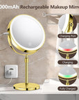 10X Large Rechargeable Height Adjustable Vanity Mirror, 1x/10x Magnifying Mirror with 3 Color, Brightness Adjustable, 360 Rotation Double Sided, Ideal Gift (Gold)