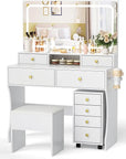 Pamapic Vanity Desk with File Cabinet, 8 Drawers Makeup Vanity with Mirror and Lights,3 Lighting Modes Dressing Table with Chair, Power Outlet, Silent Slides, White
