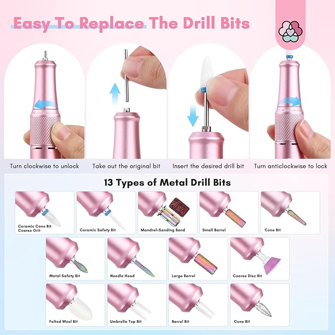 SAVILAND Portable Electric Nail Drill: 40000 RPM Rechargeable Electric Nail File for Acrylic Nails Professional with Ceramic Corn Head Nail Drill Bits for Nails Manicure Tools & Pedicure Kit Salon Use