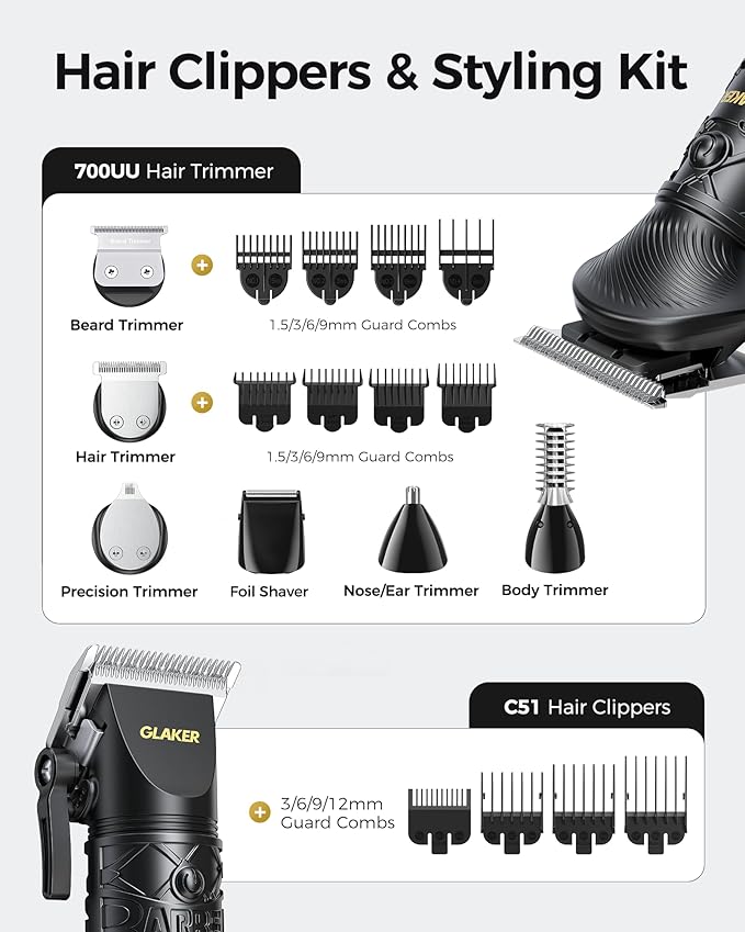 GLAKER Hair Clippers for Men Professional, Cordless Clippers for Hair Cutting, Mens Bear Trimmer, Electric Razor Barber Clippers Hair Trimmer, Gifts for Men (Black)