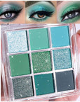evpct 9 Colors Green Eyeshadow Palette, Light Bright Emerald Dark Teal Green Glitter Metallic Shimmer Sparkly Eye Shadow Eyeshadow Palette Makeup for Older Women Blue Eyes, Highly Pigmented Waterproof