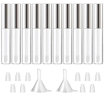 GTHER 10PCS 10ML Empty Lip Gloss Containers Tube with Wand, Refillable Lip Balm Bottles, Lipstick Sample Container and Funnel and Rubber Stoppers for Girls DIY Lip Samples, Silver Top