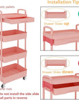 Calmootey 4-Tier Rolling Utility Cart with Drawer,Multifunctional Storage Organizer with Plastic Shelf & Metal Wheel,Storage Cart for Kitchen,Bathroom,Living Room,Office,Pink