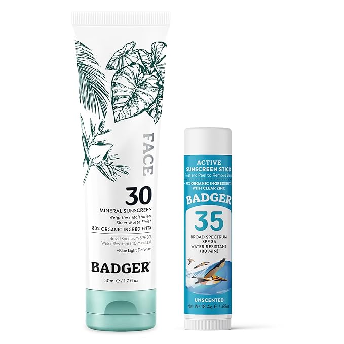 Badger SPF 30 Mineral Daily Face Sunscreen and SPF 35 Mineral Sunscreen Face Stick