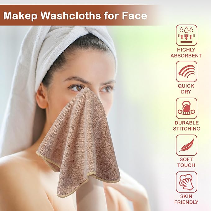 Nugilla Makeup Remover Cloth 12 x 12 Inch, Reusable Makeup Remover Towels for Washing Face, 6 Pack Washable Microfiber Face Cloth Fast Drying Washcloth, Brown/Coral/Green