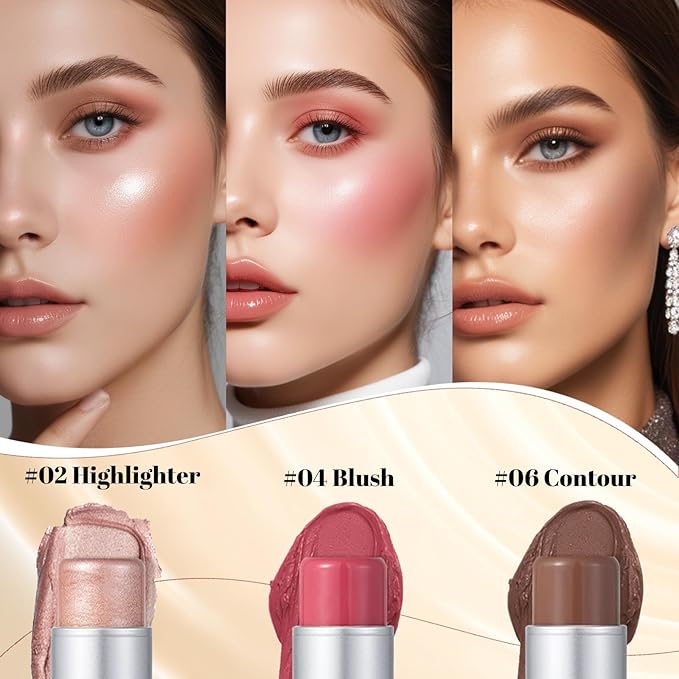 3 Pcs Cream Waterproof Blush Contour Highlighter Stick Finishing Makeup