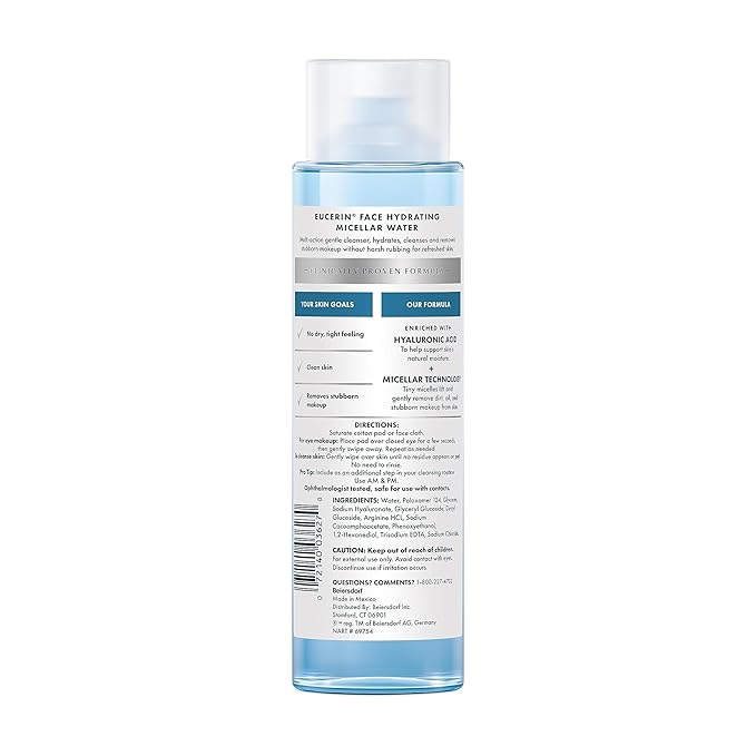 Eucerin Face Gentle Cleansing Hydrating Micellar Water, Face Cleanser and Makeup Remover with Hyaluronic Acid, 13.5 Fl Oz Bottle