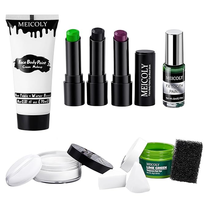 MEICOLY Disgust Specter Makeup Kit,White Face Paint,Green Hair Dye,Setting Powder,Green Tooth Paint,Complete Halloween Zombie Makeup Kit,SFX Character Set for Performance Stage Special Effect Costume