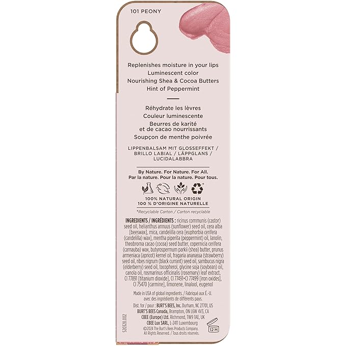 Burt's Bees Lip Shimmer Peony; Warm, Luminescent Color; High Impact, Instant Moisture; with Shea and Cocoa Butters; 100% Natural Origin (Packaging May Vary)